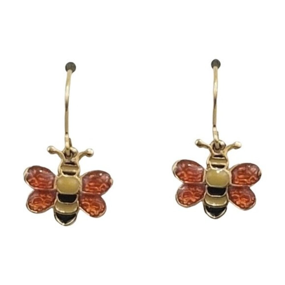 Vintage Enamel Bumblebee Earrings 1" Drop Gold Tone Dainty Bug Estate Jewelry